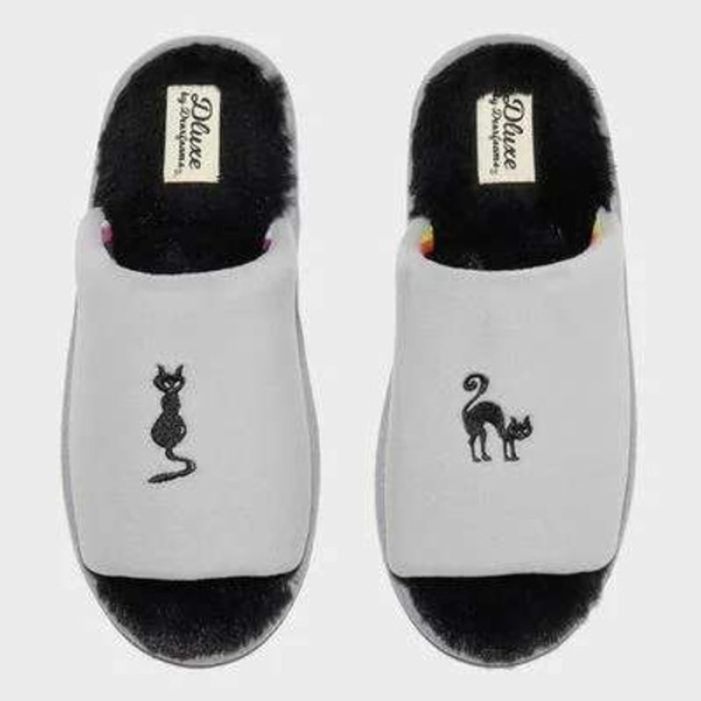 DLuxe by Dearfoams Womens Black Cat Embroidered Slide Slippers Grey S‎ 5-6